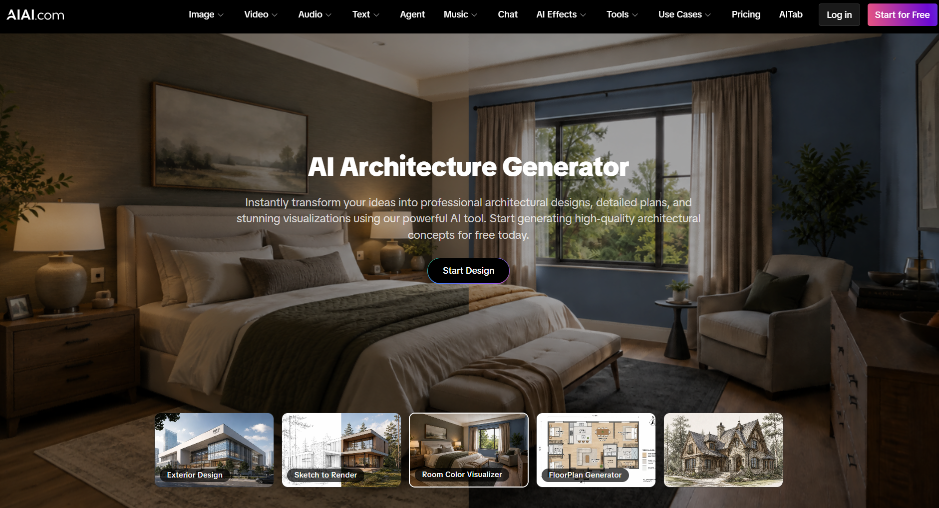Homepage of AIAI.com free AI architecture generator, featuring a cozy bedroom visualizer with navigation tiles for exterior design, sketch to render, and floor plan generator.