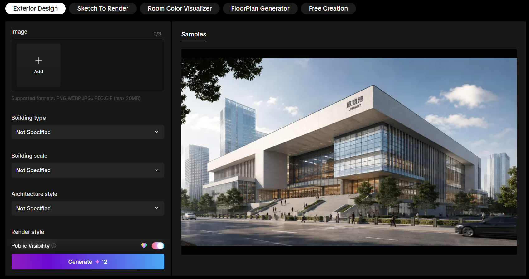 The design interface of AIAI.com showing the Exterior Design panel with options to upload sketches, select architectural styles, and generate concepts alongside a sample library render.