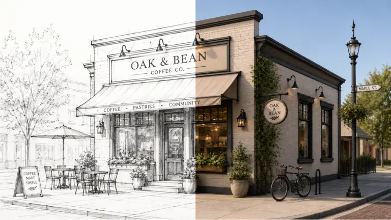 Before and after comparison of a hand-drawn coffee shop sketch transformed into a photorealistic brick storefront render using an AI architecture generator.