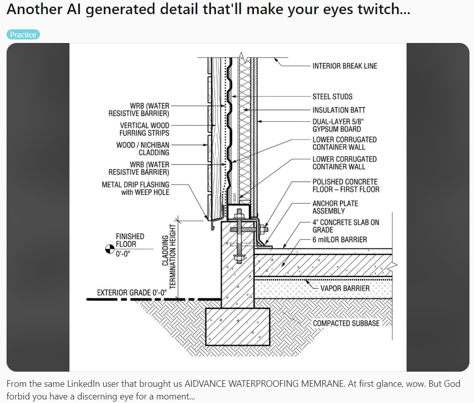 A highly detailed but structurally flawed AI-generated architectural wall section drawing with callouts pointing to conflicting foundation, cladding, and dual-layer insulation details.