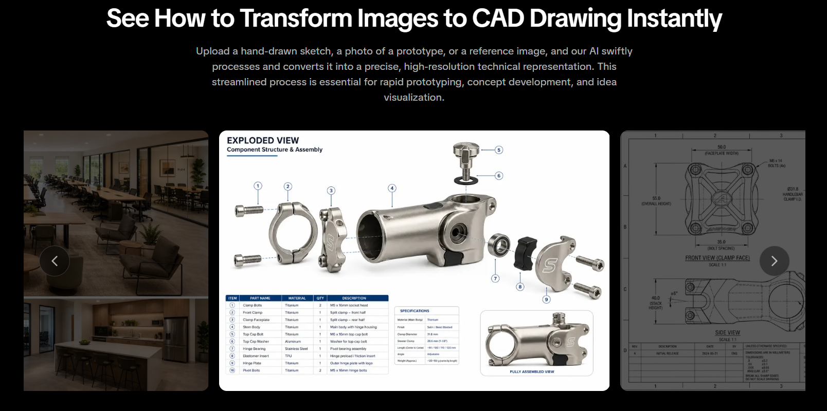 A multi-feature showcase banner illustrating how to transform images to CAD drawing instantly, featuring detailed interior renderings, exploded mechanical assemblies, and blueprint designs.