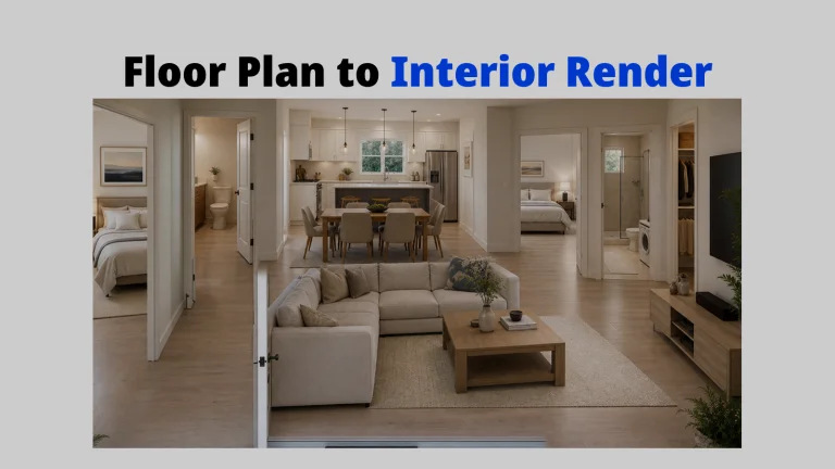 A visual showcase card for Floor Plan to Interior Render, demonstrating a photorealistic modern living room and open-concept kitchen generated from a flat layout.