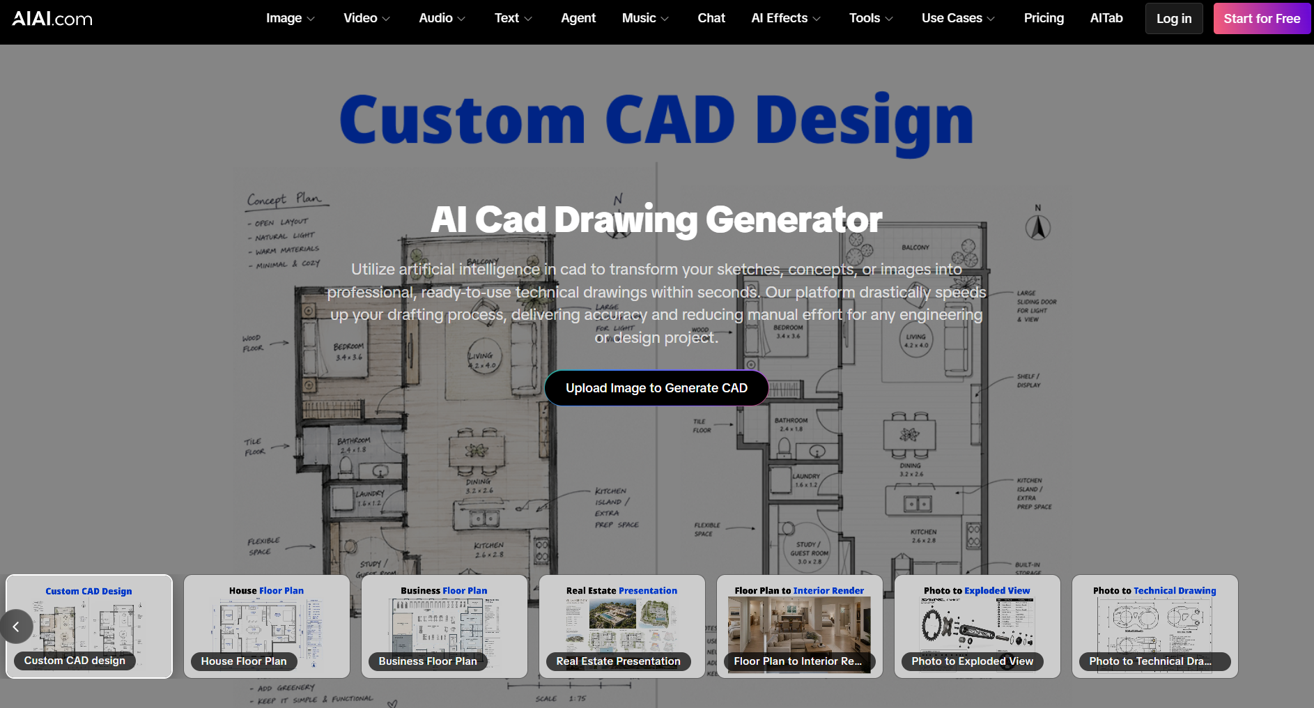 The landing homepage of AIAI.com’s free AI CAD drawing generator, showcasing the Custom CAD Design interface and cards for mechanical and architectural layout modules.
