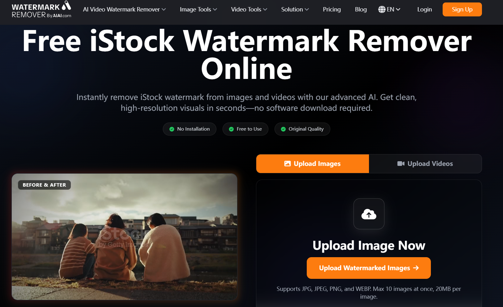 The web interface of AIAI.com iStock Watermark Remover, showing the drag-and-drop upload zone for watermarked images and videos.