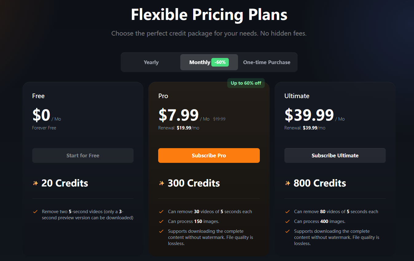 Screenshot of AIAI.com iStock Watermark Remover pricing plans showing Free, Pro, and Ultimate subscription tiers.