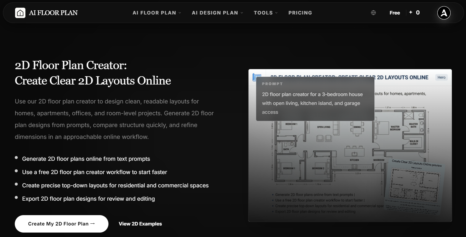 The homepage of AIAI.com's 2D floor plan creator highlighting the text prompt input and top-down architectural layout preview.