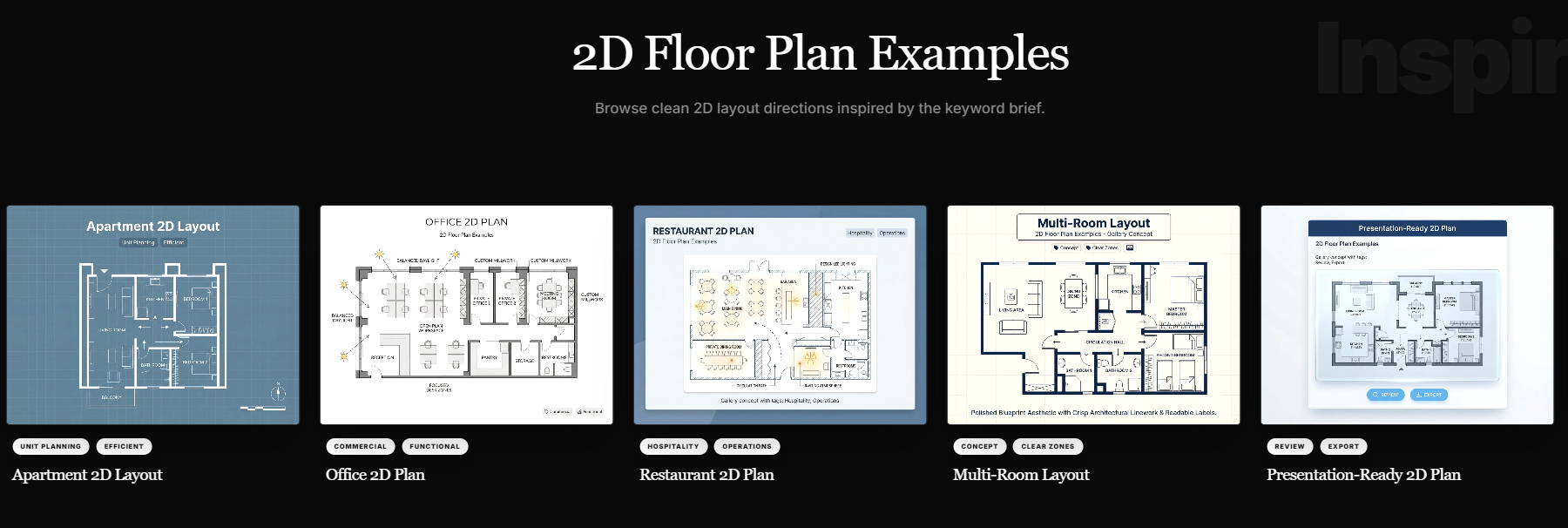 A curated gallery of clean 2D floor plan examples, including apartment layouts, office plans, and restaurant designs generated by AI.
