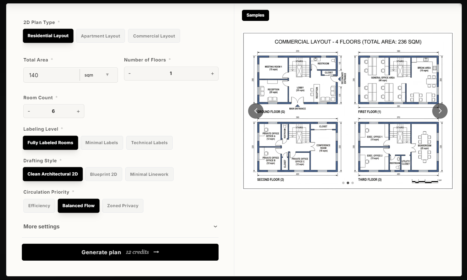 The custom configuration dashboard of AIAI.com's online 2D floor plan creator, featuring room count, drafting styles, and circulation priority settings.