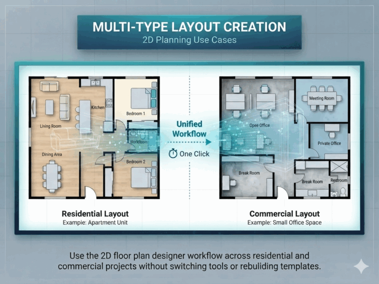 An illustrative graphic showing multi-type 2D floor plan creation, showcasing a one-click unified AI workflow transitioning from a residential apartment unit to a commercial small office layout with digital particle effects.