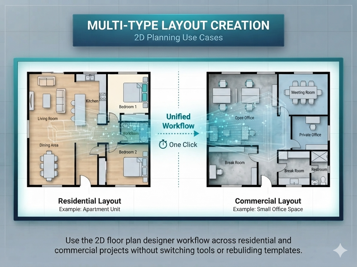 An illustrative graphic showing multi-type 2D floor plan creation, showcasing a one-click unified AI workflow transitioning from a residential apartment unit to a commercial small office layout with digital particle effects.