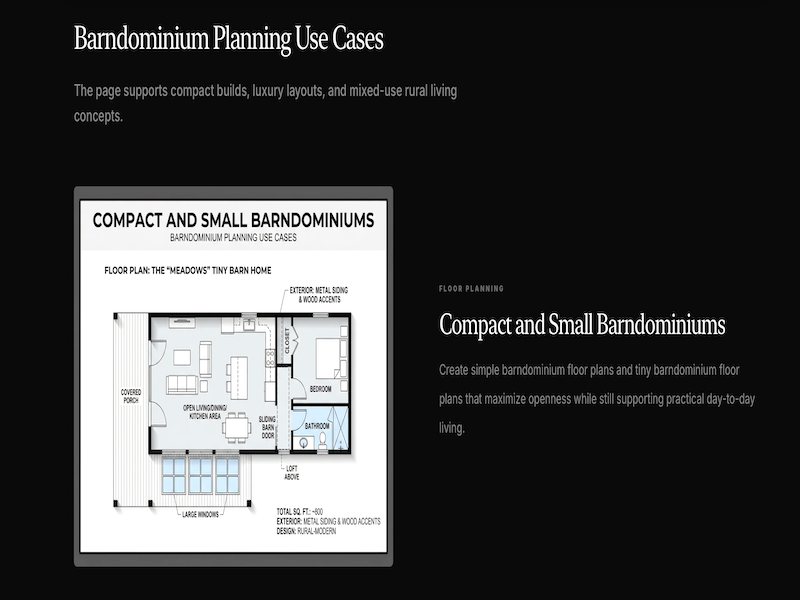 Modern barndominium floor plan showing an open concept home layout with bedrooms, kitchen, living area, and garage design.