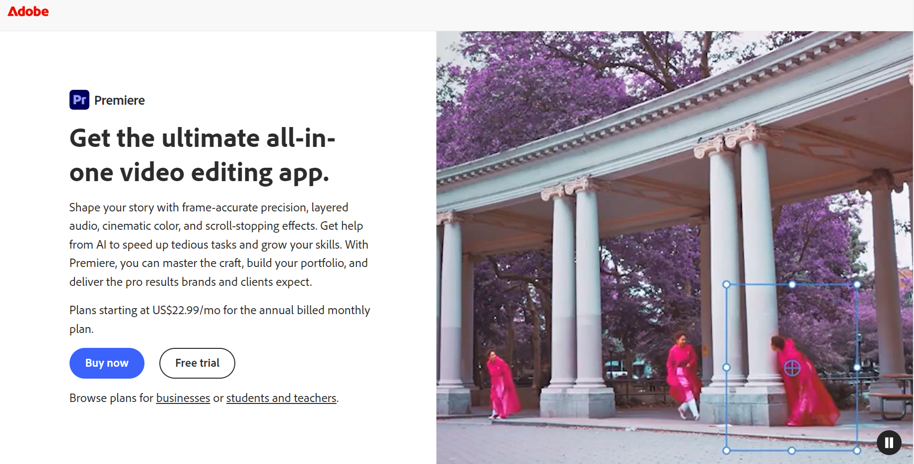 Adobe Premiere Pro official app page highlighting monthly pricing plans and Firefly AI features.