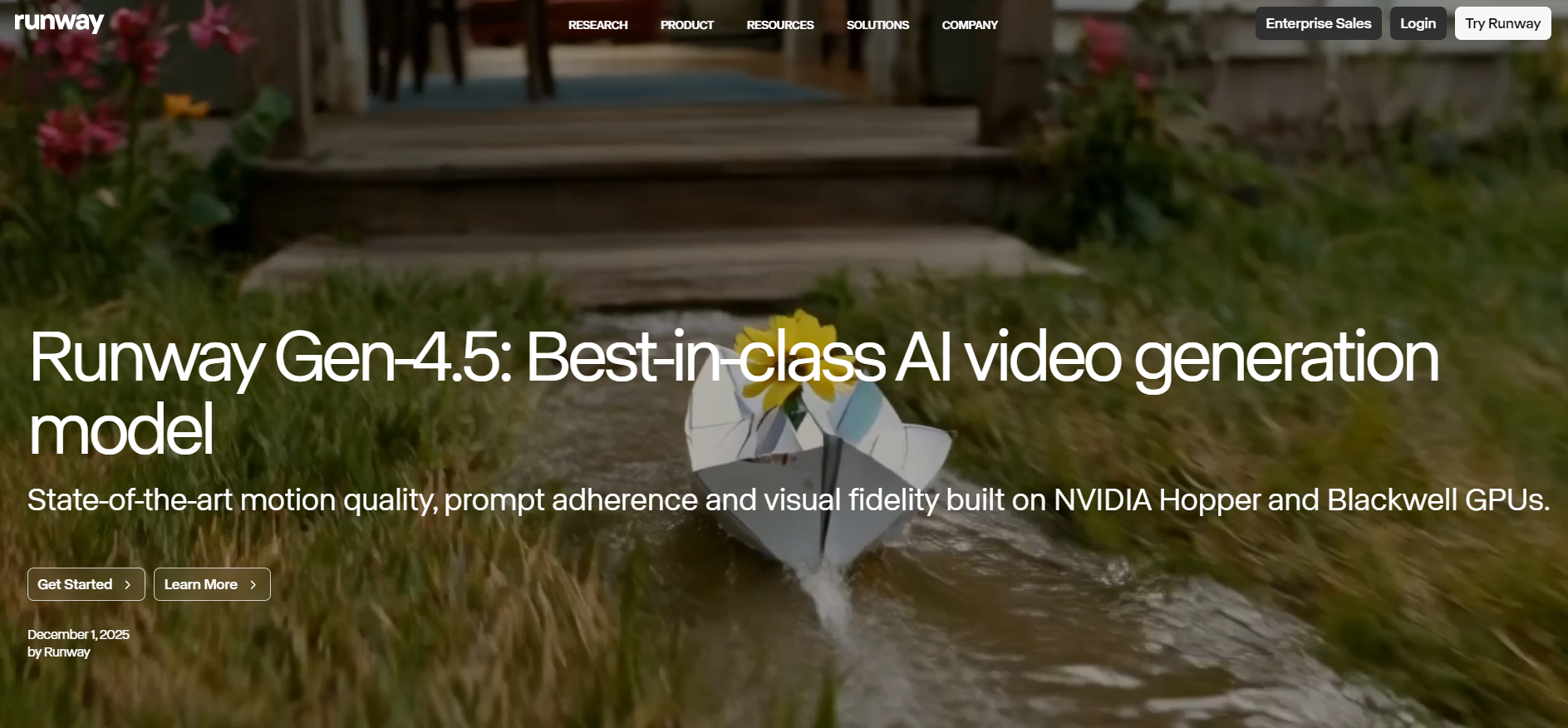 Runway ML homepage showcasing Runway Gen-4.5 video generation model running on NVIDIA GPUs.
