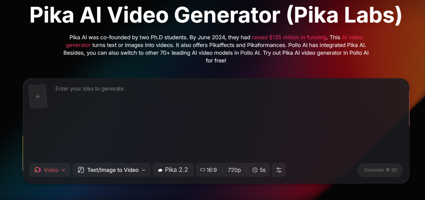 Pika AI video generator model selection and prompt box built-in on Pollo AI.