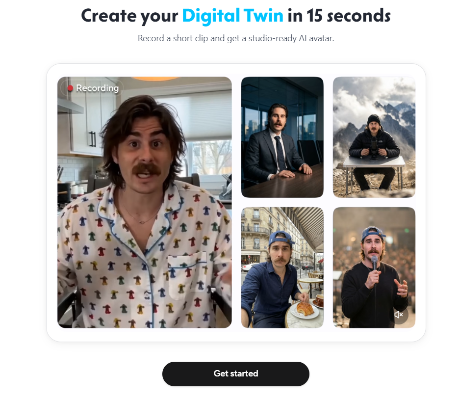 HeyGen AI platform showcasing the 15-second digital twin avatar creation with various lifelike environments.