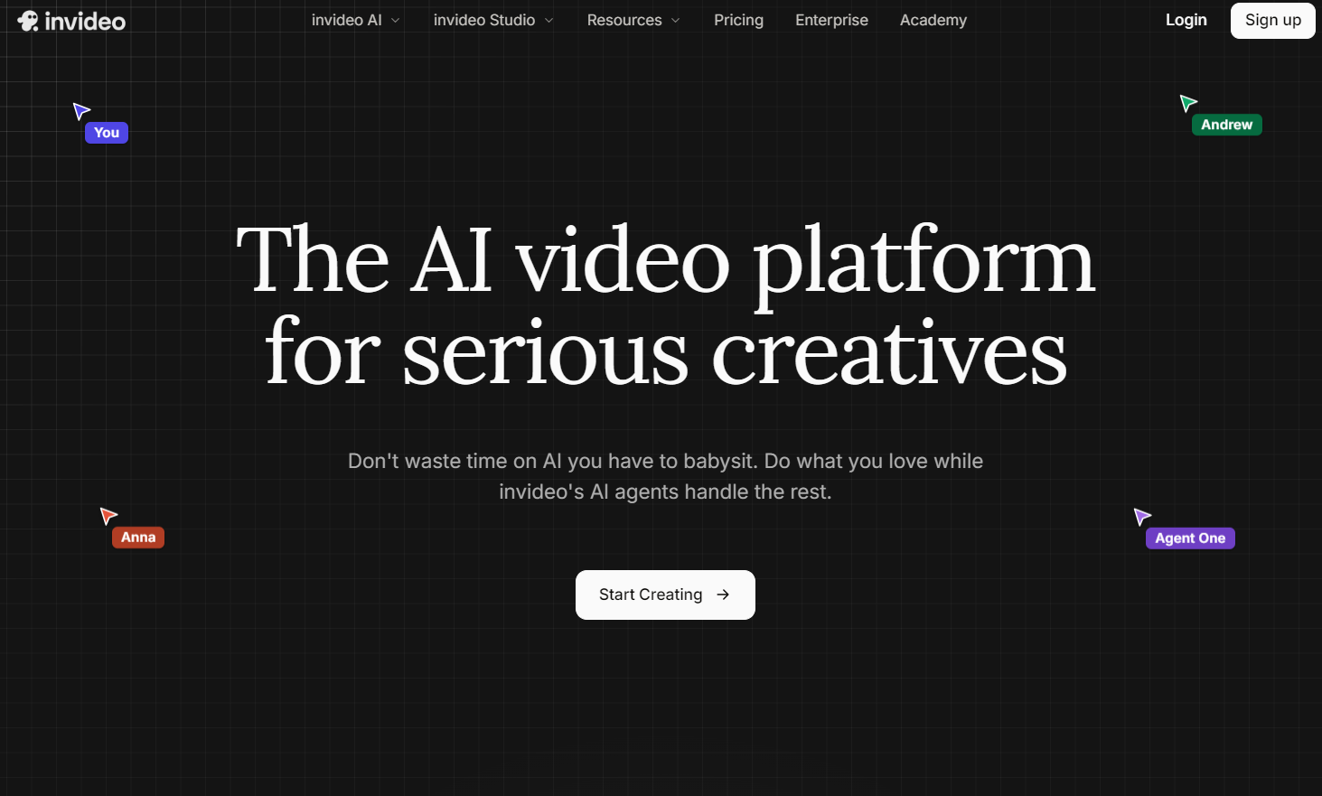 Invideo AI homepage featuring the layout designed for serious creatives and prompt-to-video workflow.