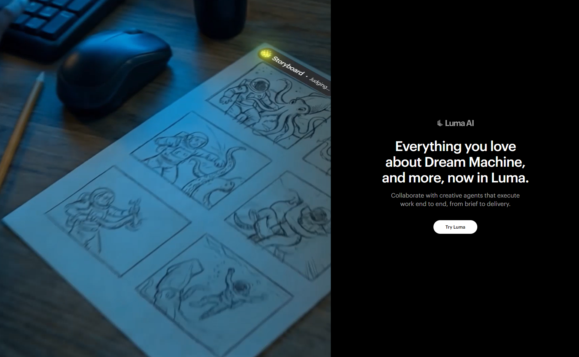 Luma AI website highlighting the Dream Machine storyboard integration with creative agents.