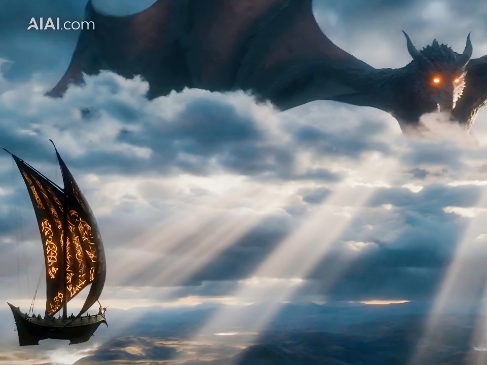 A high-quality fantasy scene of a medieval flying ship and a giant dragon generated online by AIAI.com.