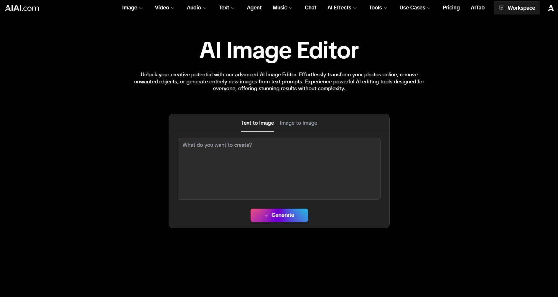 AIAI.com AI Image Editor which is one of the Best AI Photo Editing Tools 2026 dark-themed homepage showing the text-to-image prompt and generation box.