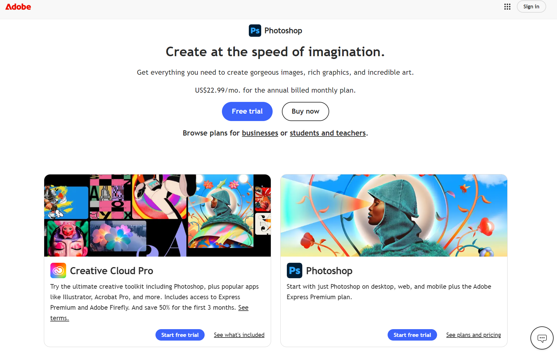 Adobe Photoshop official pricing and landing page showcasing monthly plans from twenty-two point ninety-nine dollars.