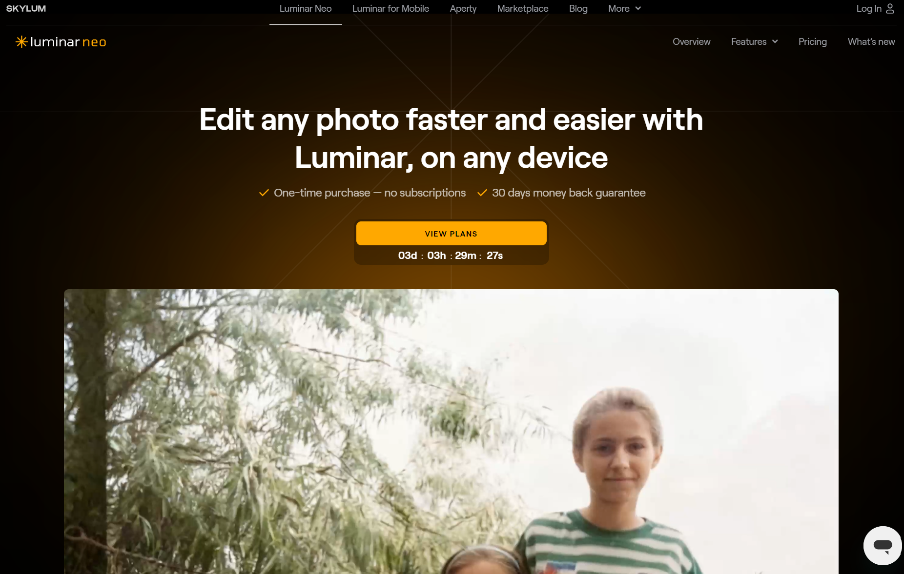 Luminar Neo official website banner promoting faster photo editing with a one-time buyout license.