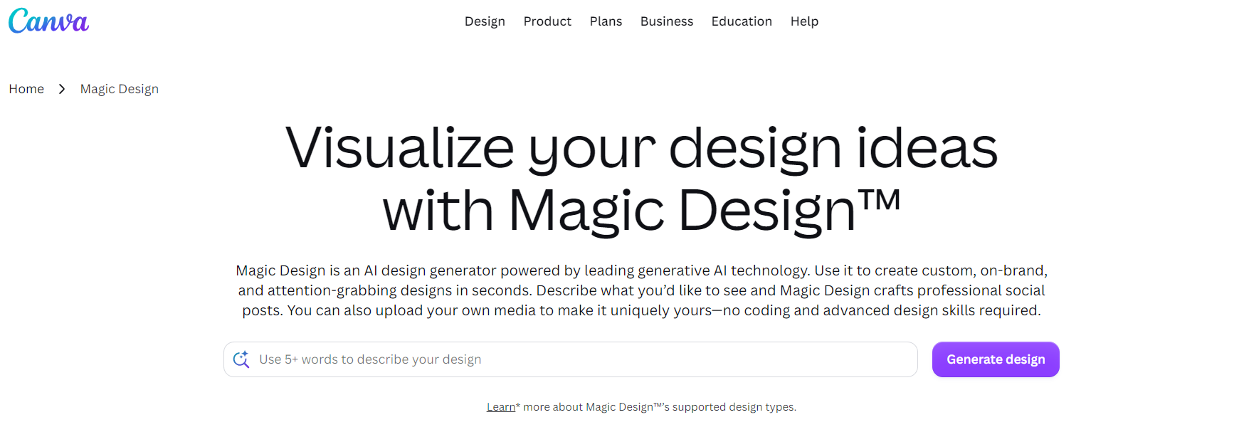 Canva Magic Design official website displaying how to visualize design ideas with generative AI technology.