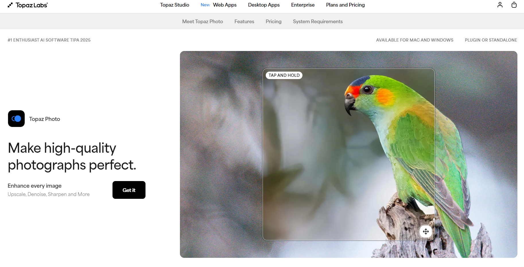 Topaz Labs landing page demonstrating high-quality photo enhancements and sharpening with Topaz Photo software.