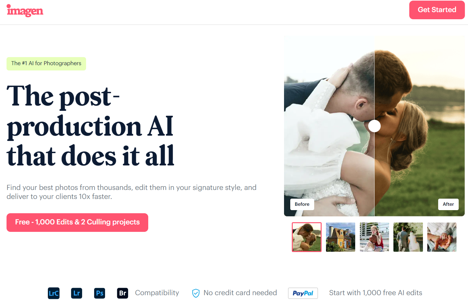 Imagen AI official homepage displaying automated post-production and editing software for professional photographers.