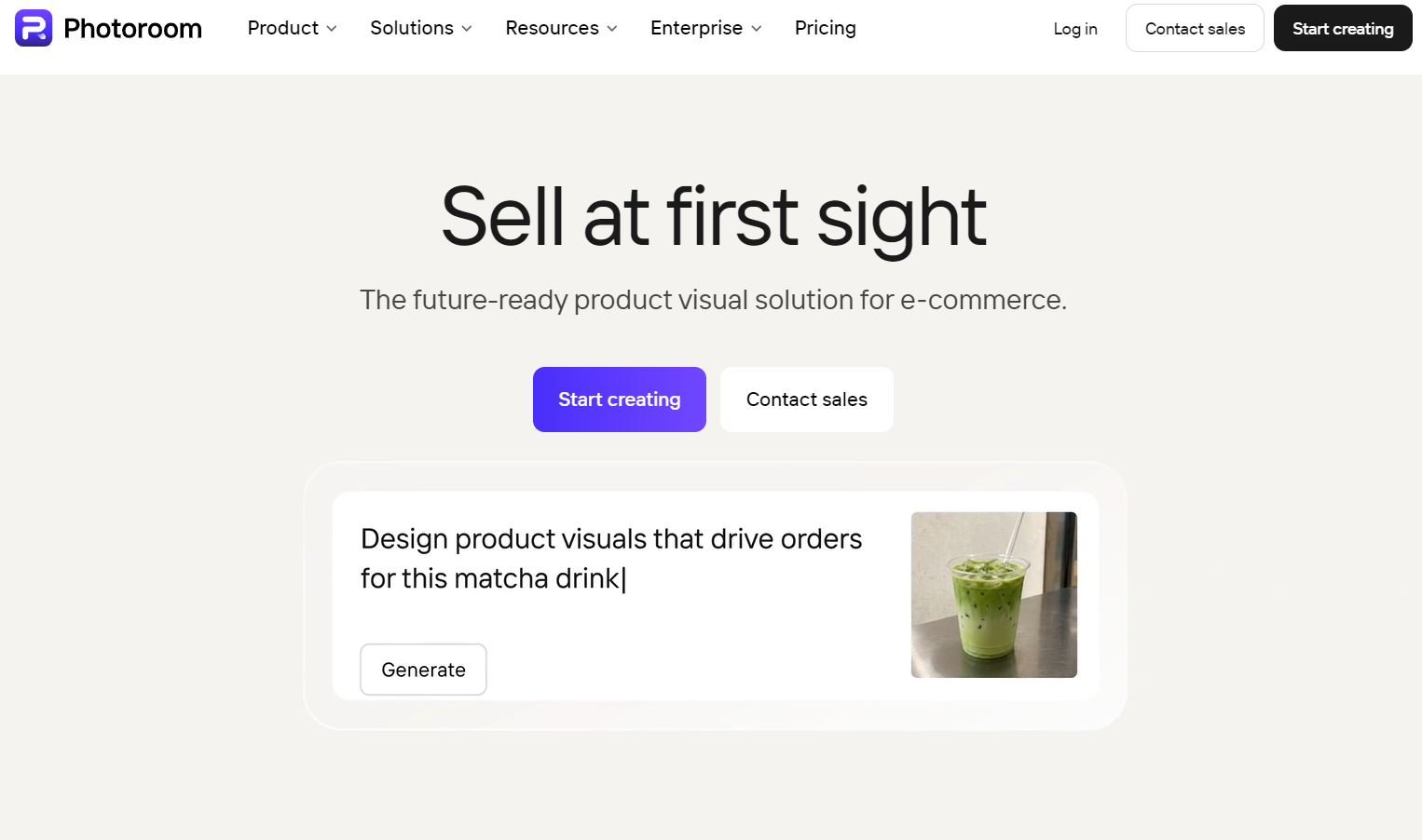 Photoroom homepage displaying e-commerce visual solutions and product background remover workspaces.
