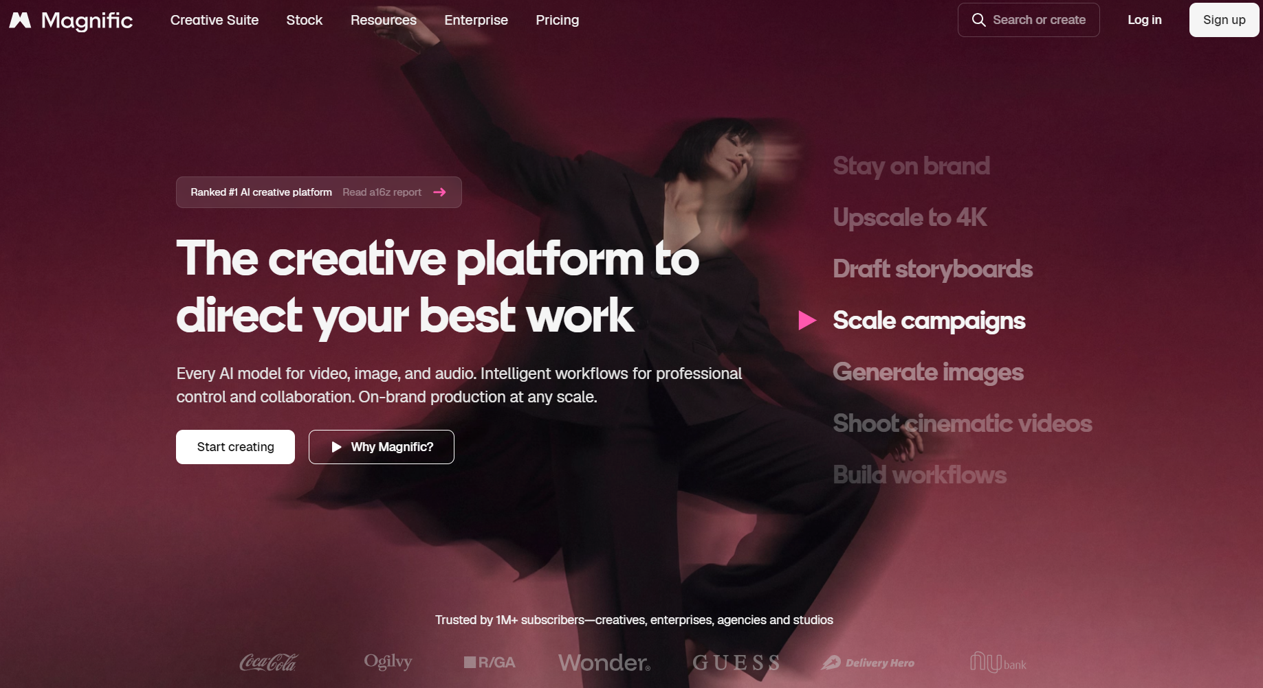 Magnific AI homepage showcasing its creative detail upscaling platform built to direct high-end professional work.