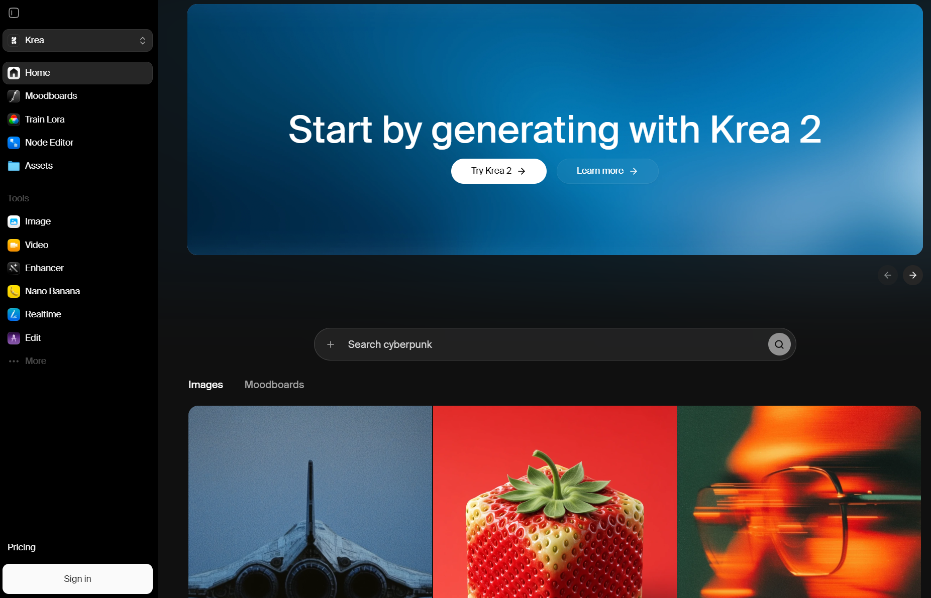 Krea AI home dashboard inviting users to start generating with Krea 2 realtime editor and upscaler.