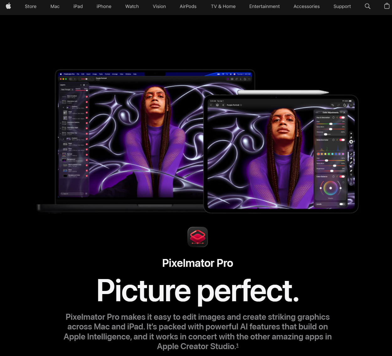 Pixelmator Pro landing page showcasing native Apple Intelligence creator studio integration on Mac and iPad.