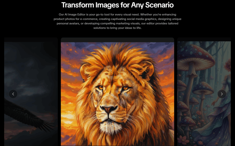 AIAI.com transform images section displaying diverse scenario use cases including a painted lion portrait and magical mushroom scene.