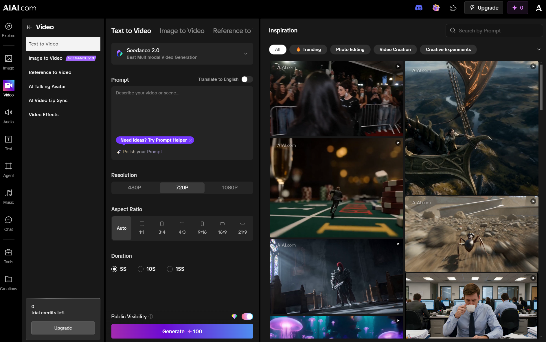 The text to video workspace on AIAI.com as one of the Best Free AI Video Generators 2026 powered by the Seedance 2.0 multimodal model.
