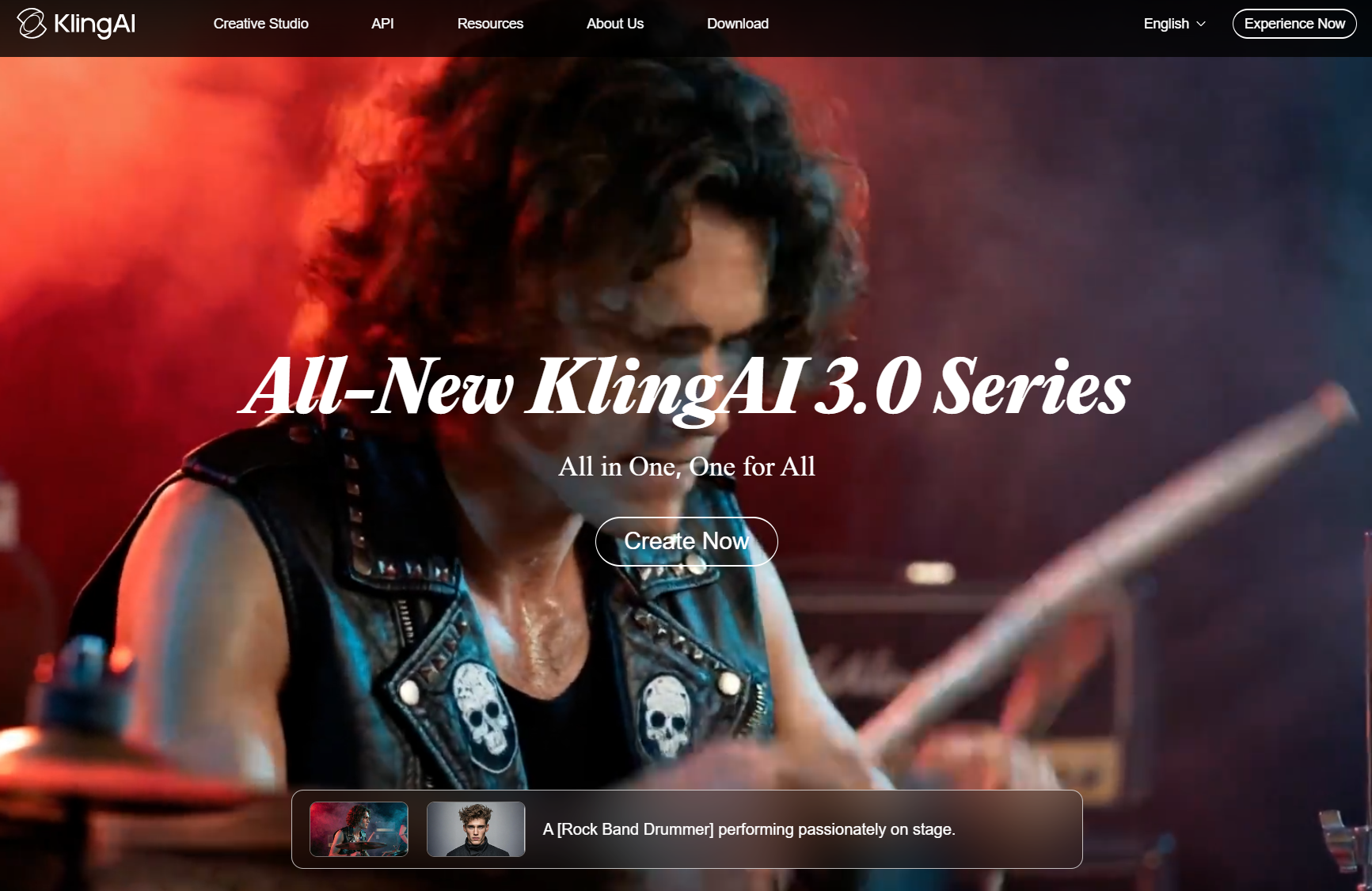 The Kling AI 3.0 Series website landing page showing a high-fidelity video generation of a rock band drummer.