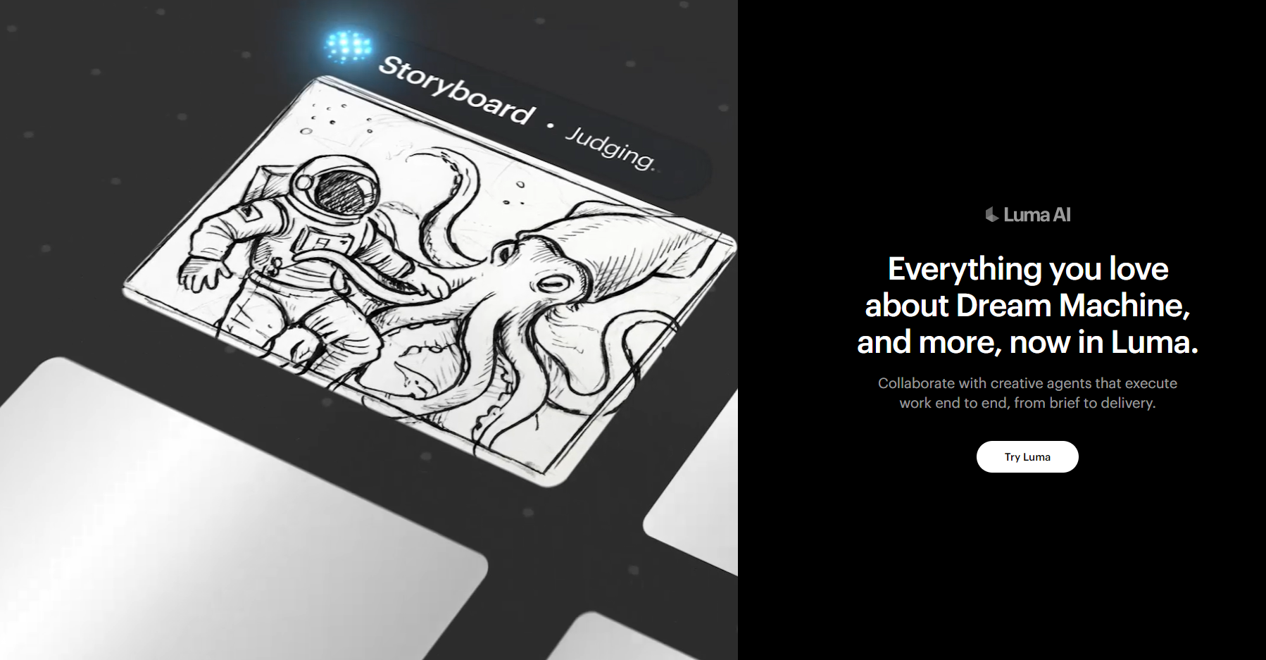 Luma AI Dream Machine webpage demonstrating storyboard sketching and video generation.