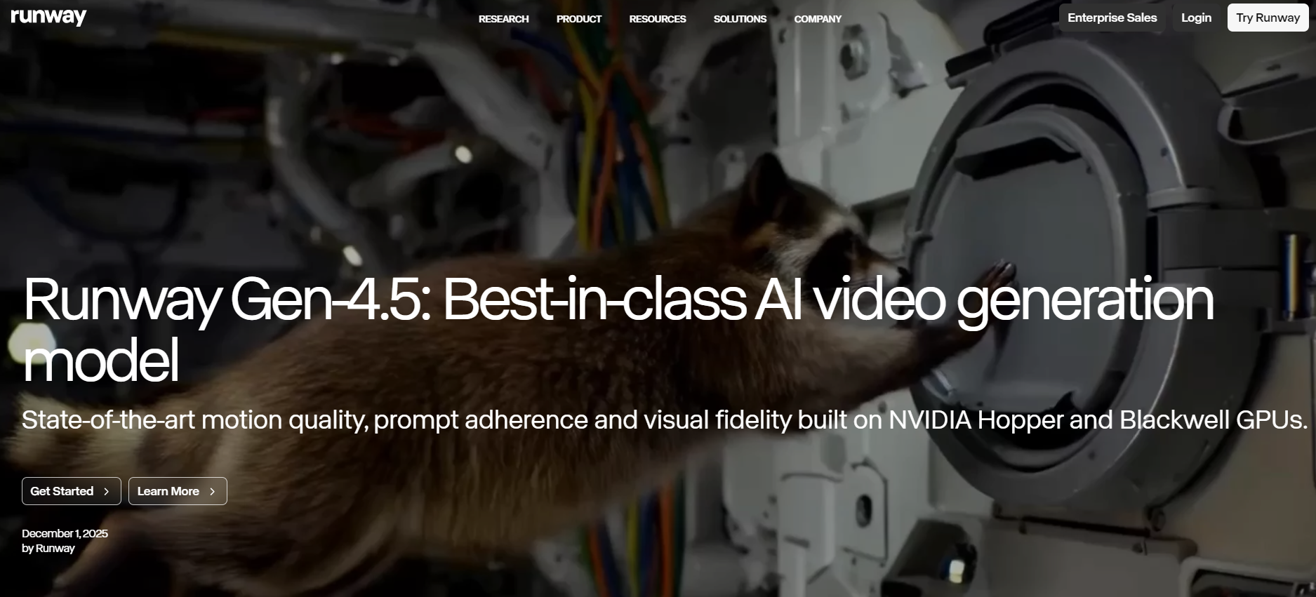 Runway Gen-4.5 landing page showcasing high-fidelity motion generation with a realistic raccoon on Hopper and Blackwell GPUs.