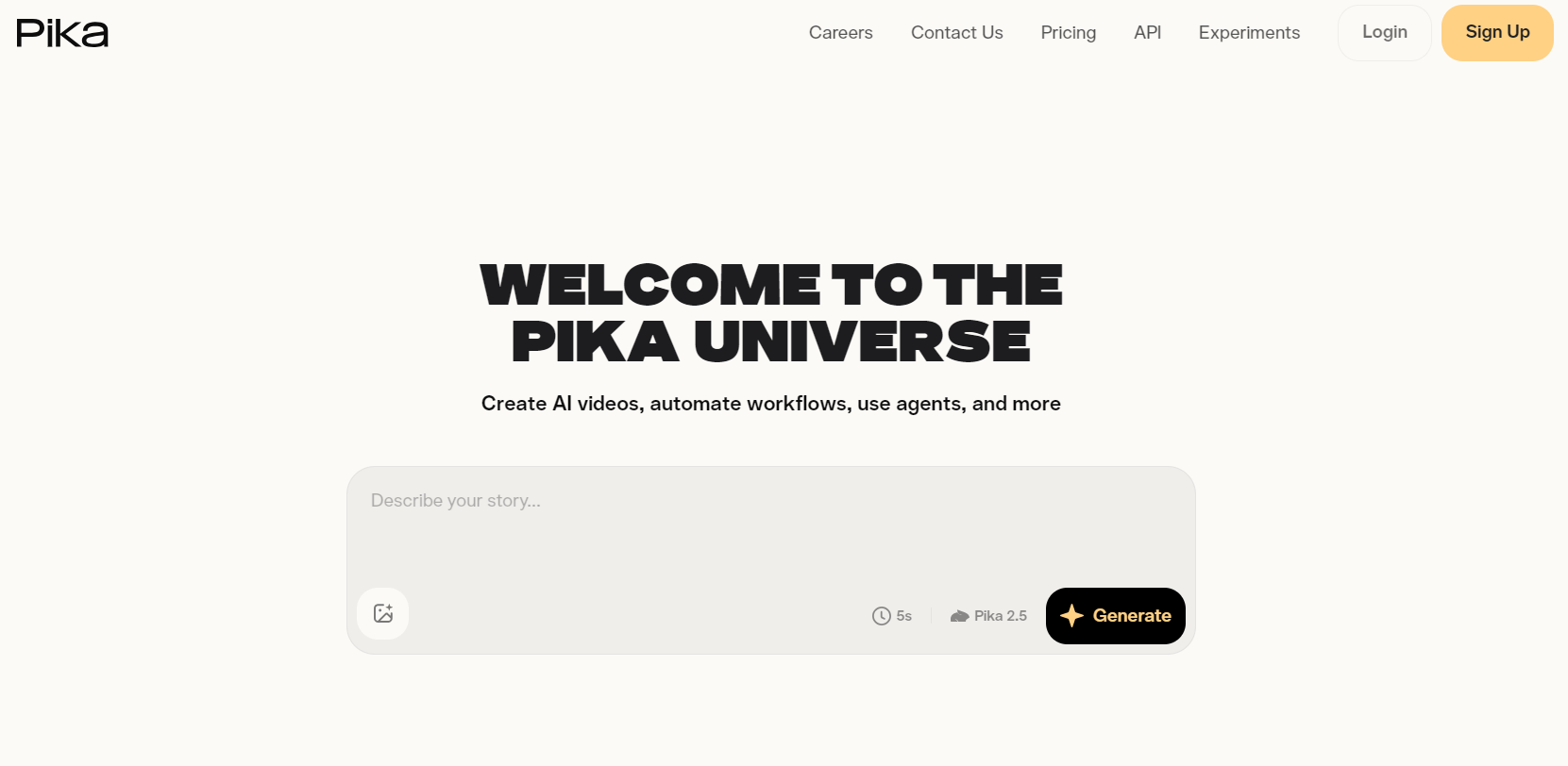 Pika 2.5 video generation landing page showing a clean, dark prompt input interface.