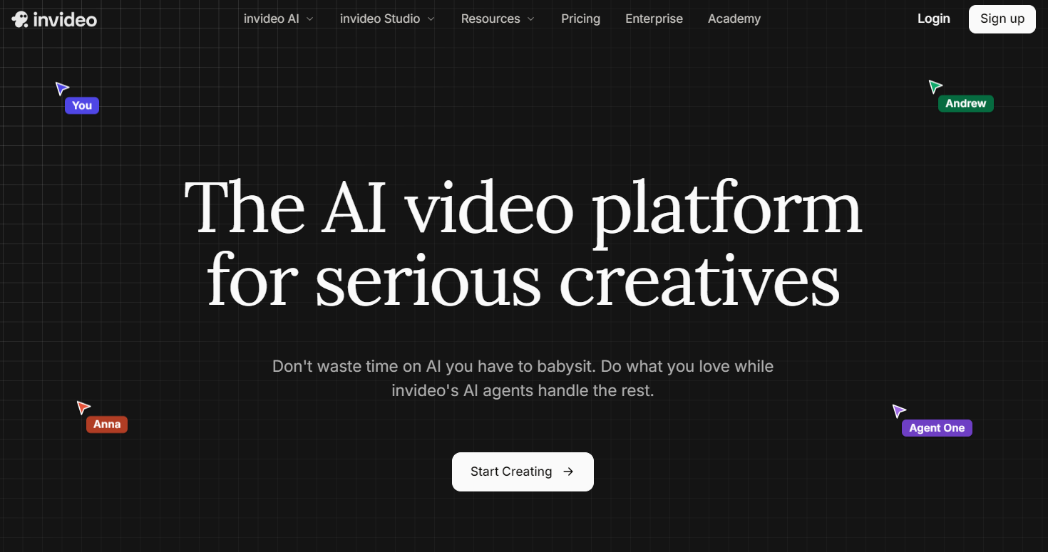 Landing page of Invideo AI video editor showing its collaborative creative agents interface.