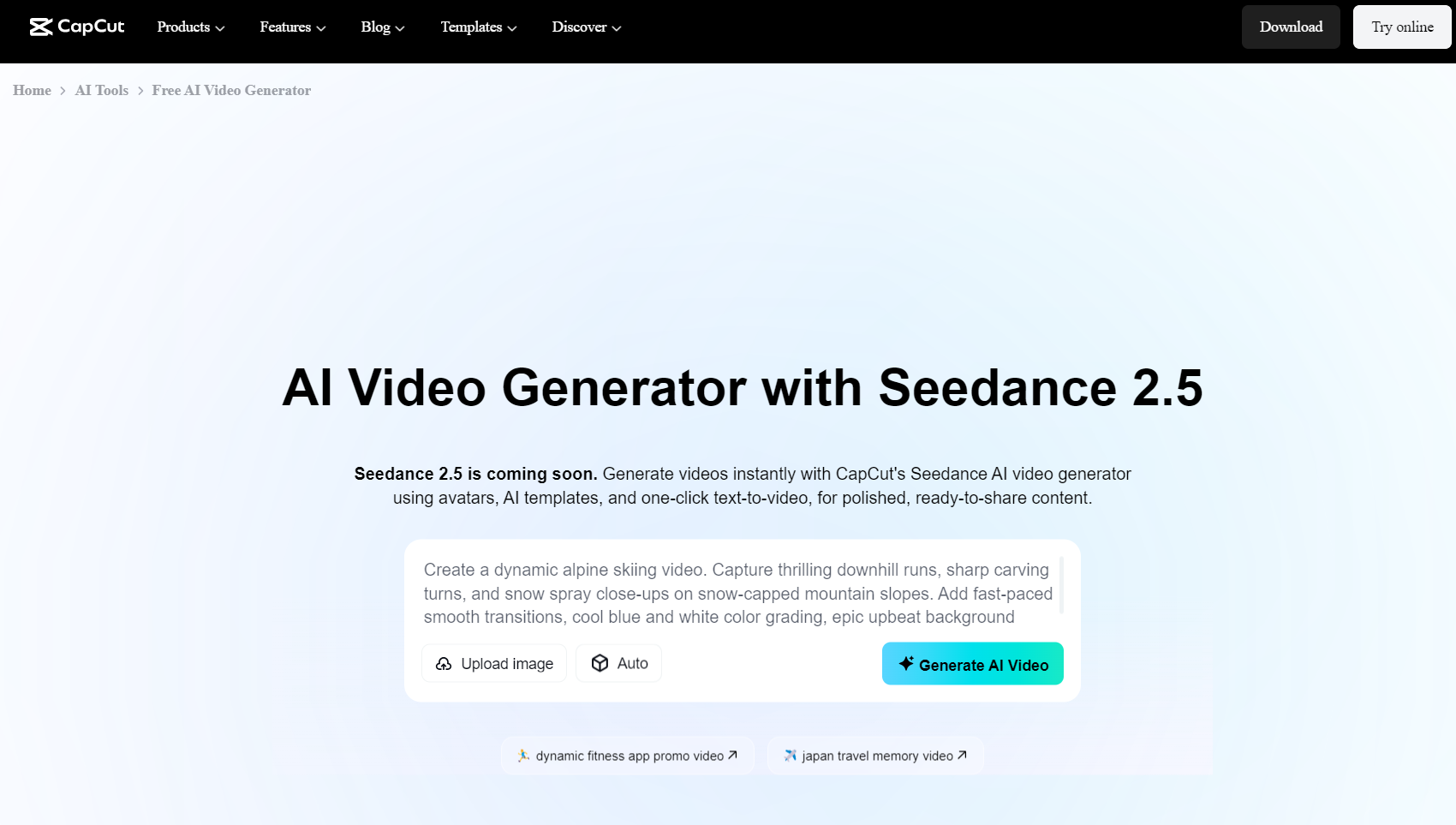 CapCut online video generator interface announcing its upcoming Seedance 2.5 AI model integration.