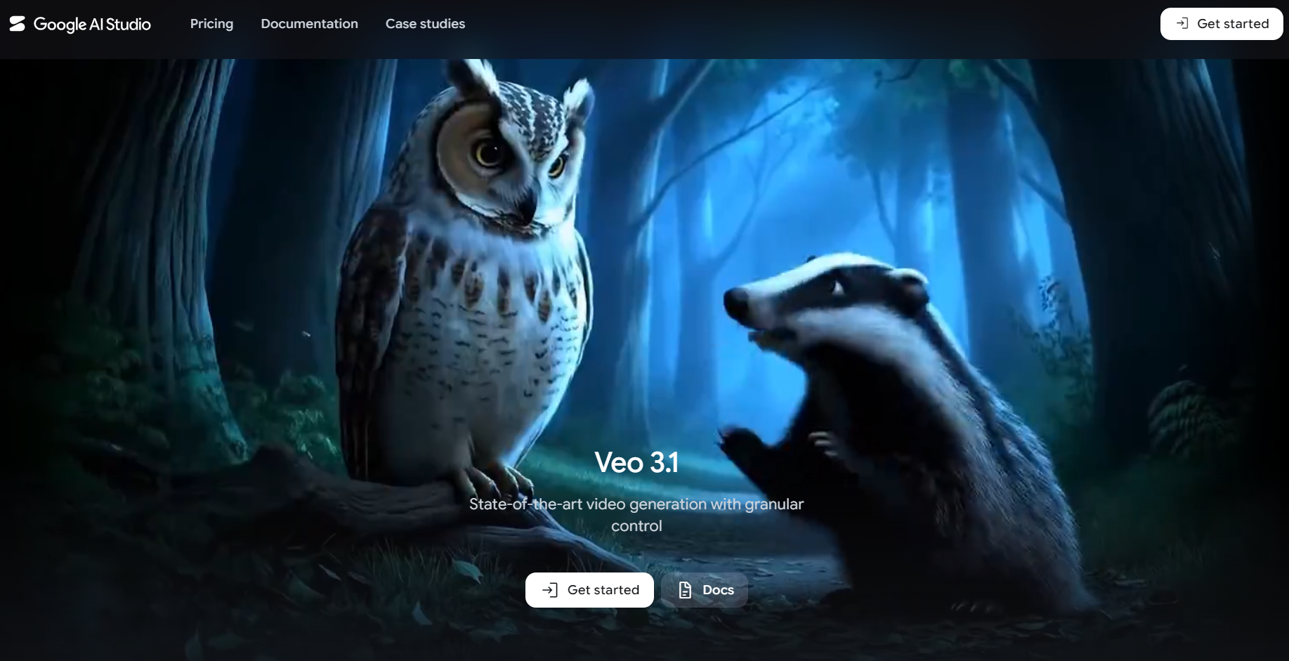 Google AI Studio webpage showing the Veo 3.1 model generating a highly detailed owl and badger in a forest.