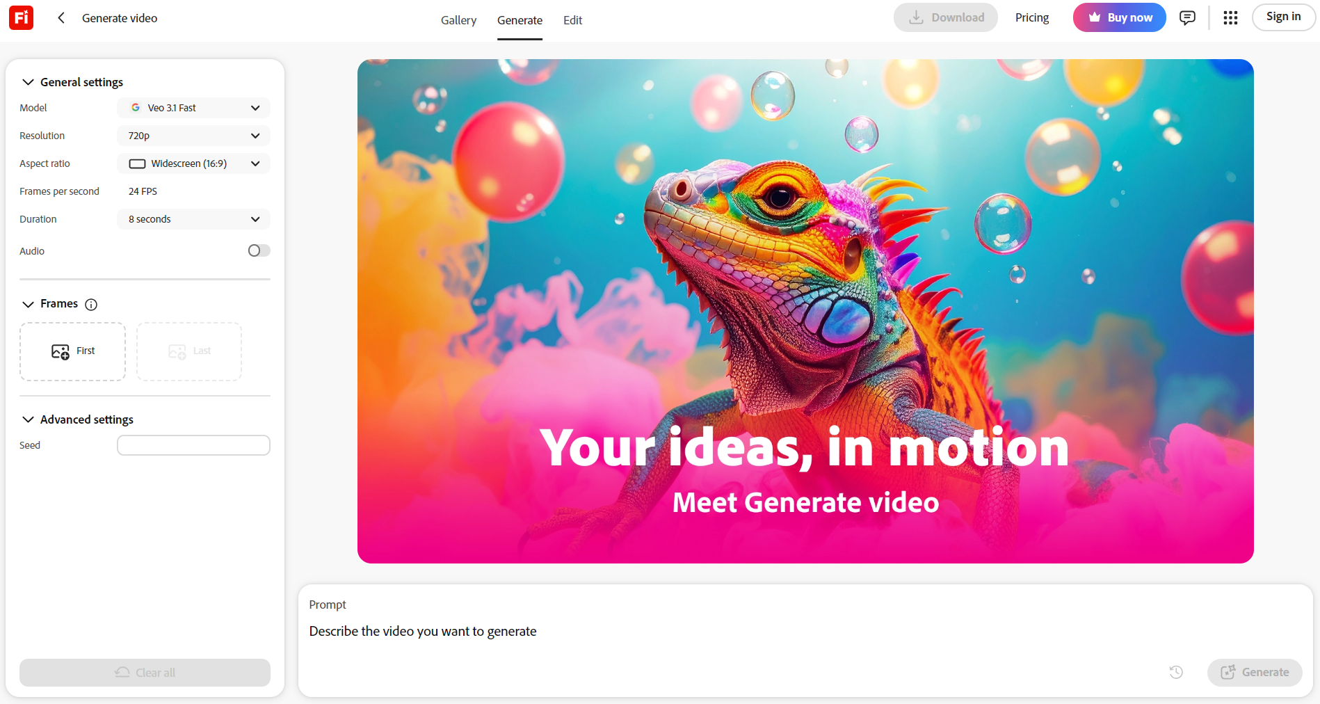 Adobe Firefly video generation workspace displaying a colorful AI generated iguana using the Google Veo 3.1 Fast model.