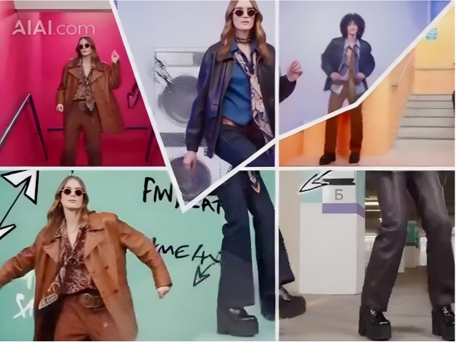 A multi-split collage of high-quality AI generated fashion videos watermarked with AIAI.com.