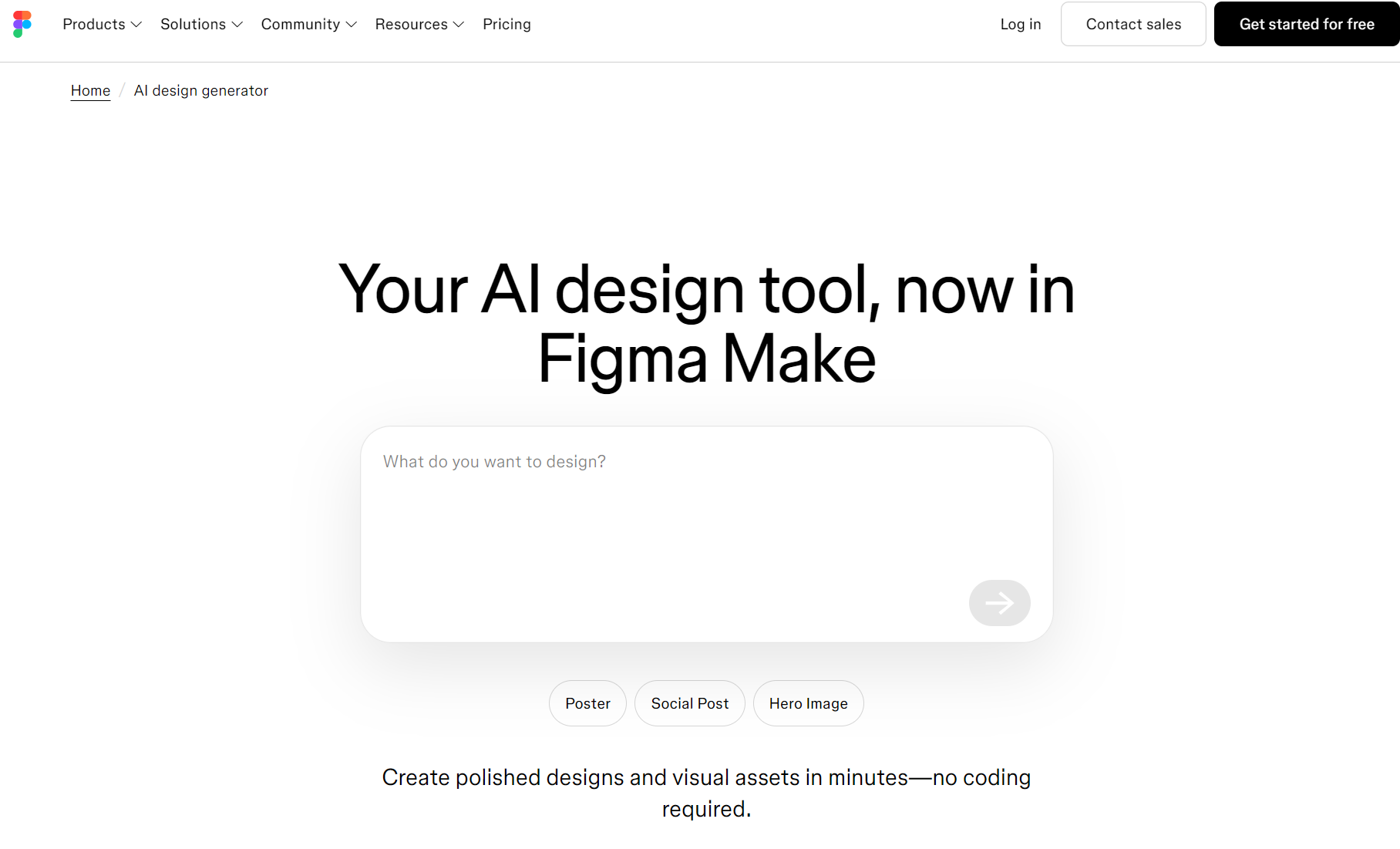 Figma Make AI design tool home screen showing natural language UI generation prompt input bar.