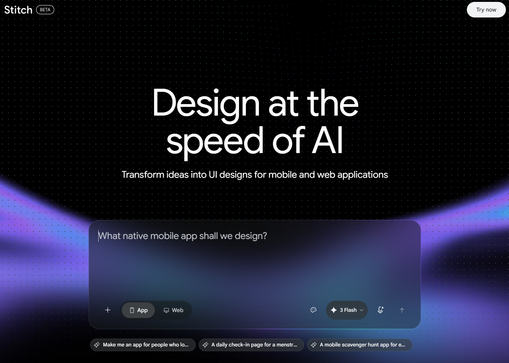 Google Stitch layout application workspace showing prompt input for mobile and web applications powered by Gemini AI.