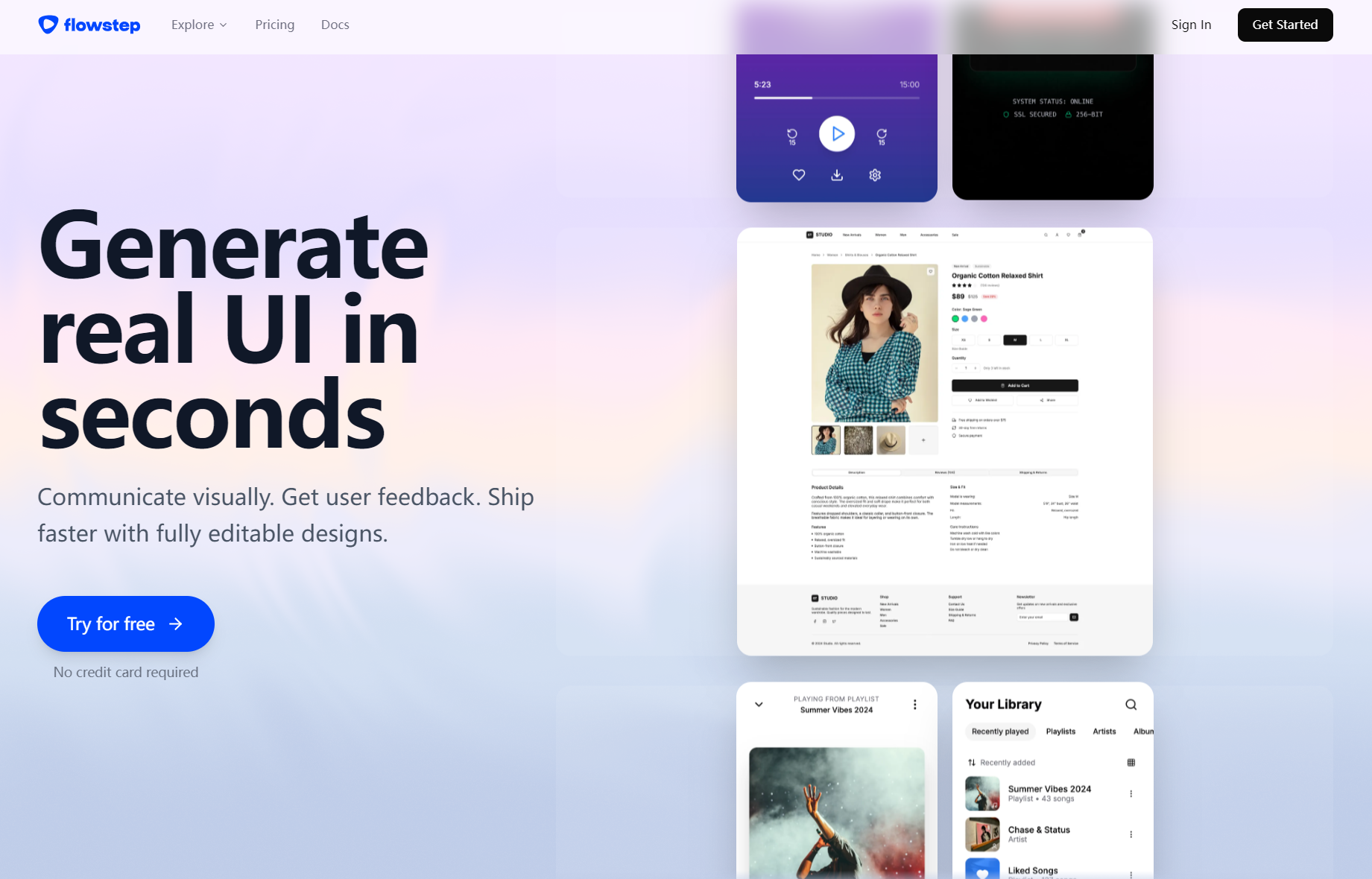 Flowstep homepage promoting real UI generation in seconds from text prompts alongside vector mobile app screen examples.