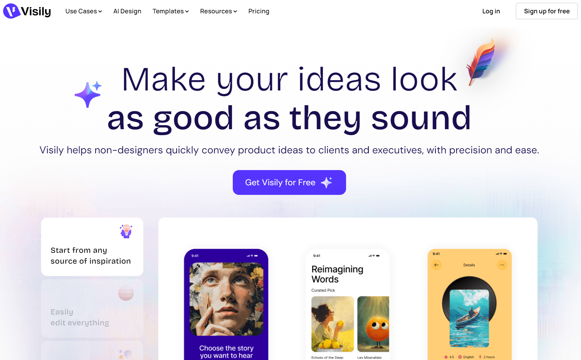 Visily homepage highlighting AI layout templates and screenshots-to-editable-wireframes conversion on mobile layouts.