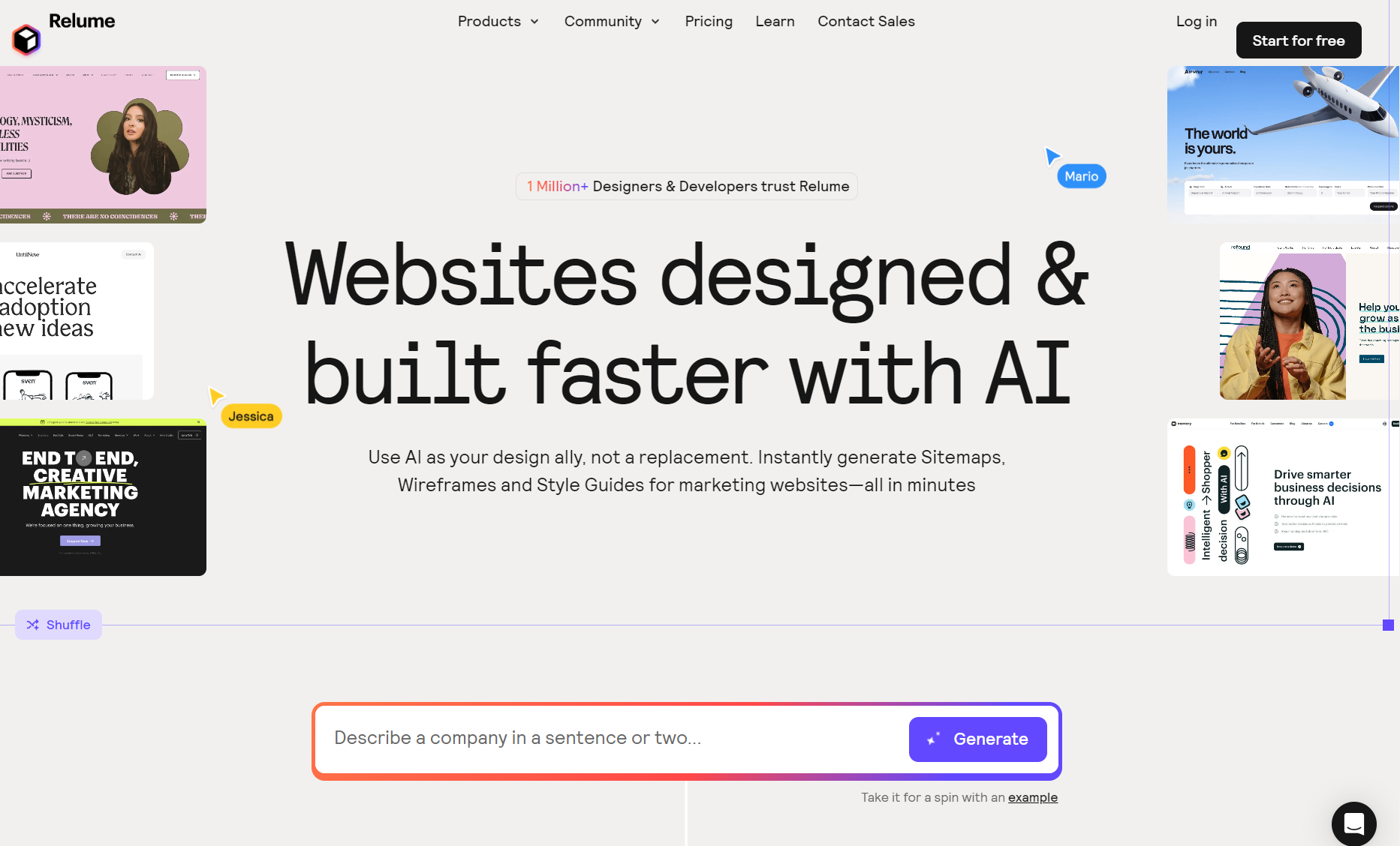 Relume AI website builder landing page showing prompt bar for generating site structure and sitemaps.