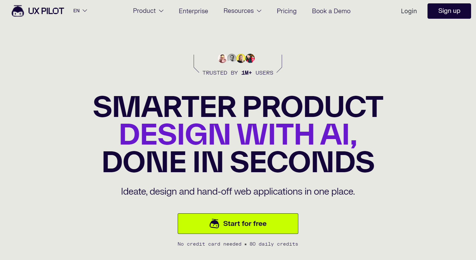 UX Pilot homepage detailing smarter product design with AI and showing a start for free call to action button.