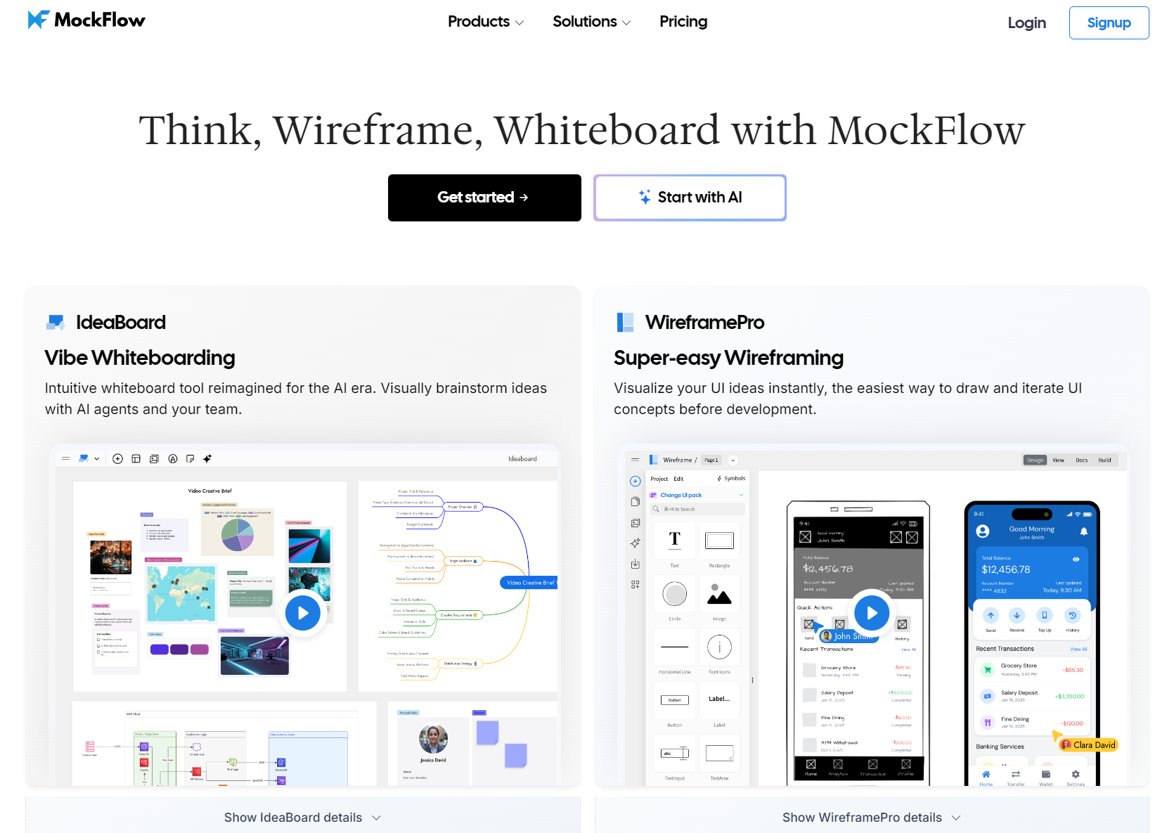 MockFlow WireframePro homepage displaying digital vector blueprint wireframes on mobile and desktop canvases.